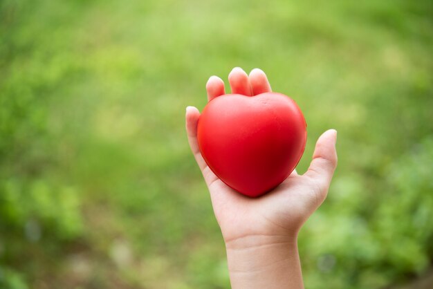 Bambino che tiene cuore di gomma rosso