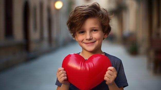 Bambino che tiene in mano una forma di cuore 3D