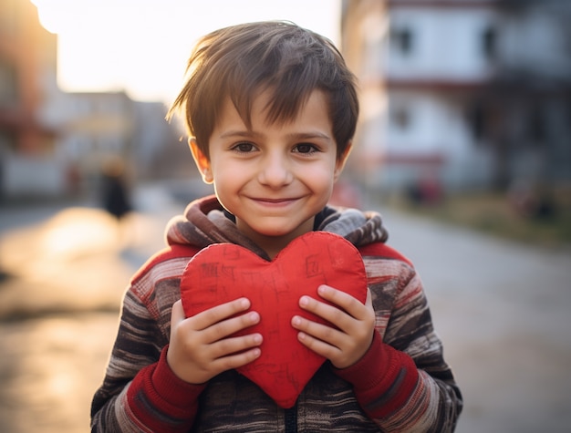 Bambino che tiene in mano una forma di cuore 3D