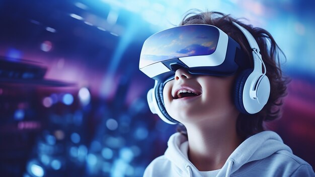 Bambino con occhiali vr che sperimenta il metaverso