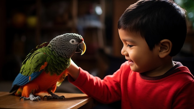 Bambino con vista laterale con simpatico pappagallo