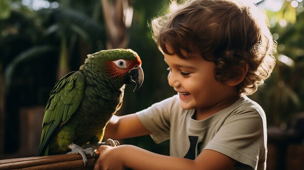 Bambino con vista laterale con simpatico pappagallo