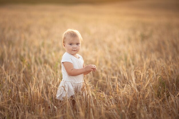 Bambino del bambino sul campo di grano allo stile di vita al tramonto