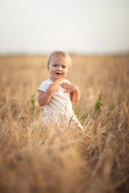 Bambino del bambino sul campo di grano allo stile di vita al tramonto