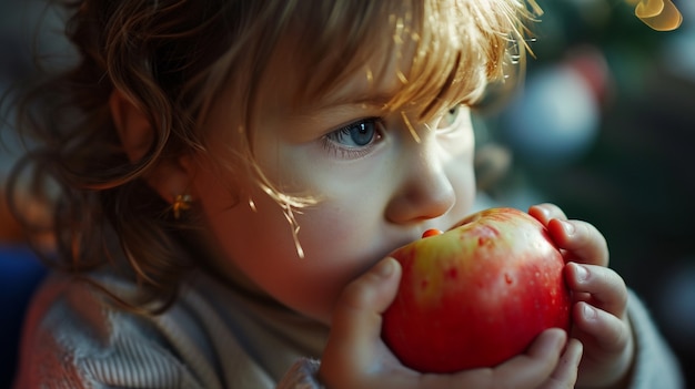 Bambino dell'angolo alto che mangia mela