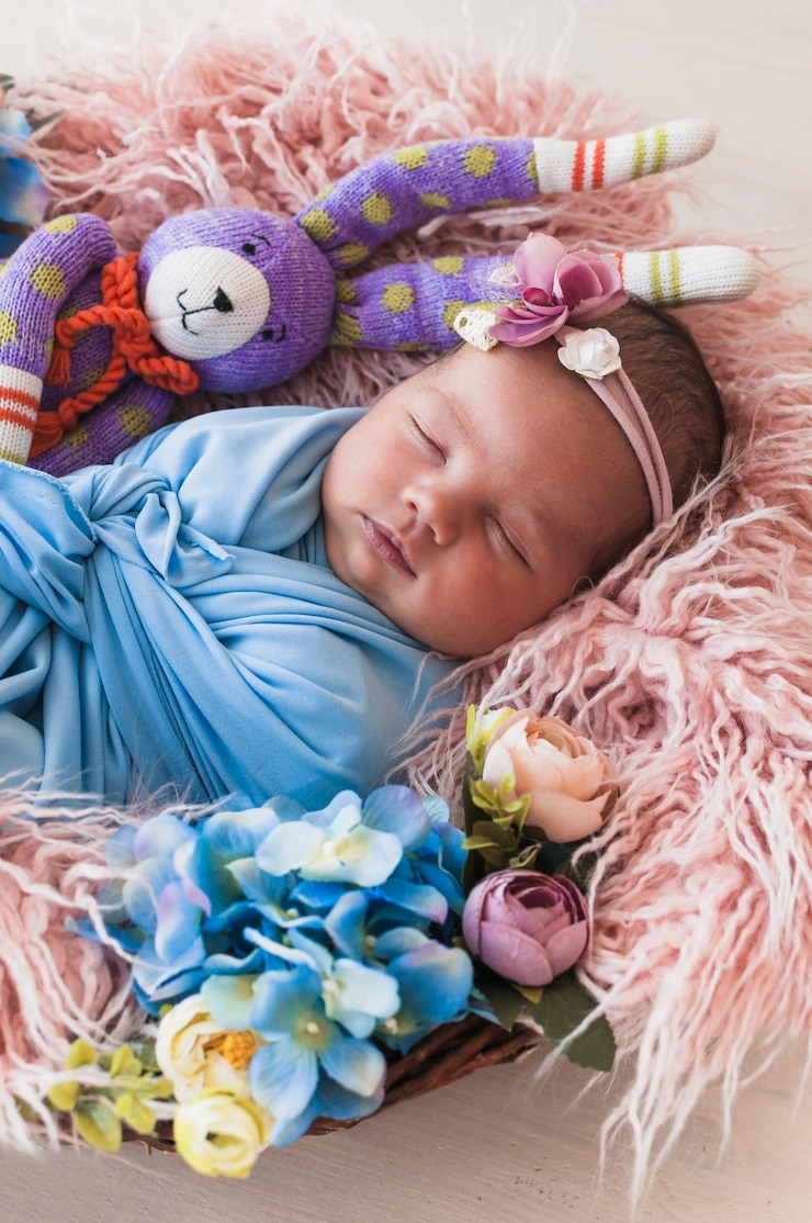 Foto gratuito bambino dolce che sogna in cestino
