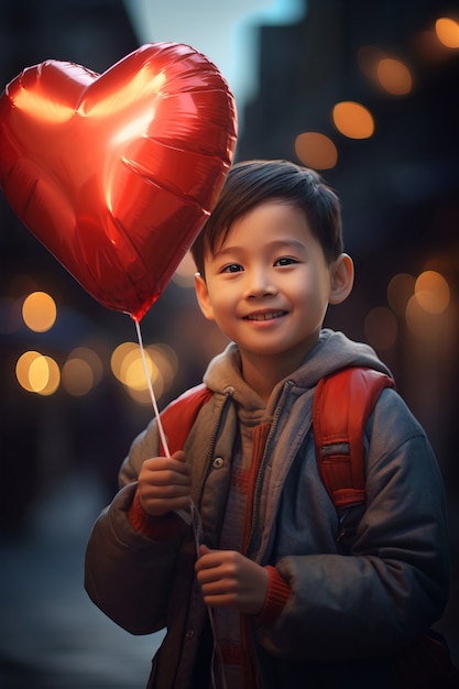 Bambino in giovane età che tiene il palloncino rosso del cuore