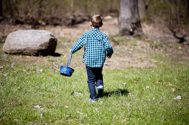 Bambino in una camicia di flanella blu che tiene un cestino e cammina attraverso un campo sotto la luce del sole