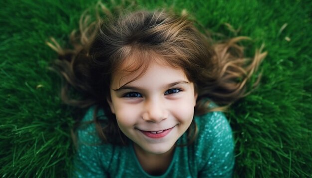 Bambino sorridente che gioca nel prato verde all'aperto generato dall'intelligenza artificiale