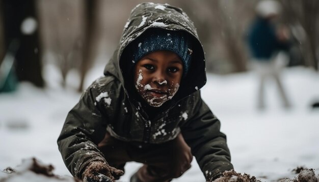 Bambino sorridente che gioca nella neve bagnata generata dall'intelligenza artificiale