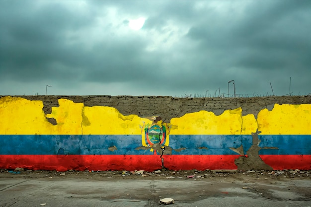 bandiera dell'Ecuador strappata e rotta su un muro di cemento