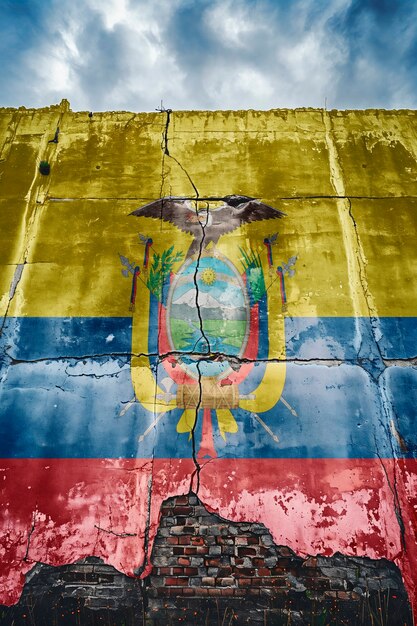 bandiera dell'Ecuador strappata e rotta su un muro di cemento
