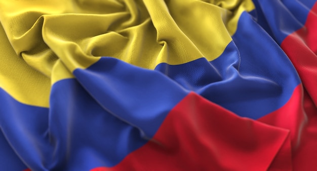 Bandiera della Colombia Increspato Splendamente Sventolando Macro Close-Up Shot