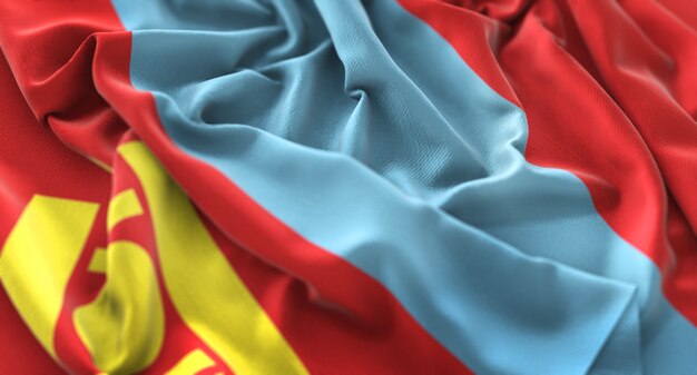 Bandiera della Mongolia Ruffled Splendamente Sventolando Macro Close-Up Shot