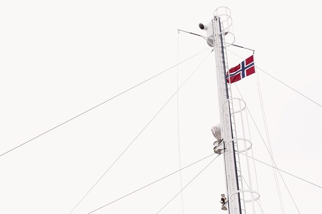 Bandiera della Norvegia sul vento sotto il cielo bianco