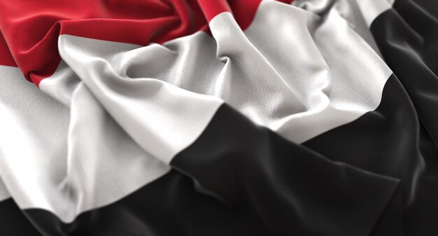 Bandiera dello Yemen Ruffled Splendamente Sventolando Macro Close-Up Shot