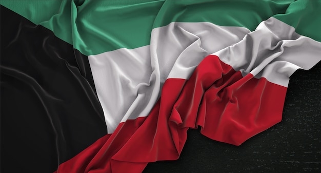 Bandiera di Kuwait rugosa su sfondo scuro 3D Rendering