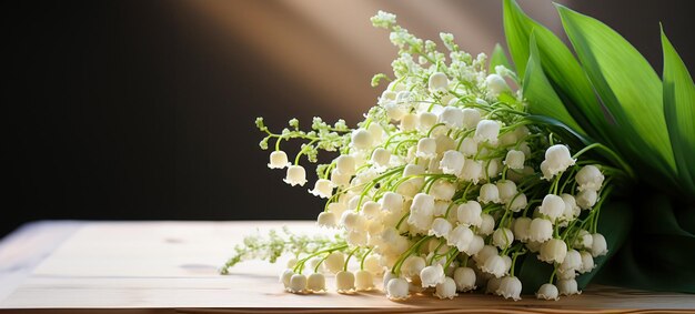 Banner con un mazzo di mughetti su un tavolo di legno con luce naturale e spazio libero