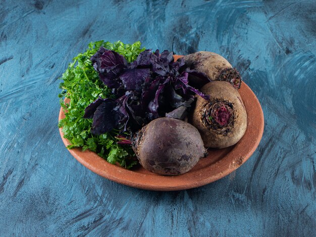 Barbabietole organiche, aneto e foglie di basilico su piatto in ceramica.
