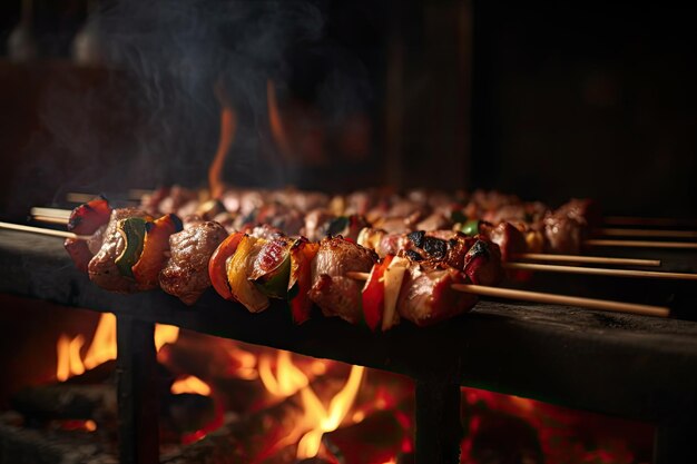 Barbecue spiedini spiedini di carne con verdure sulla griglia fiammeggiante Ai generativa