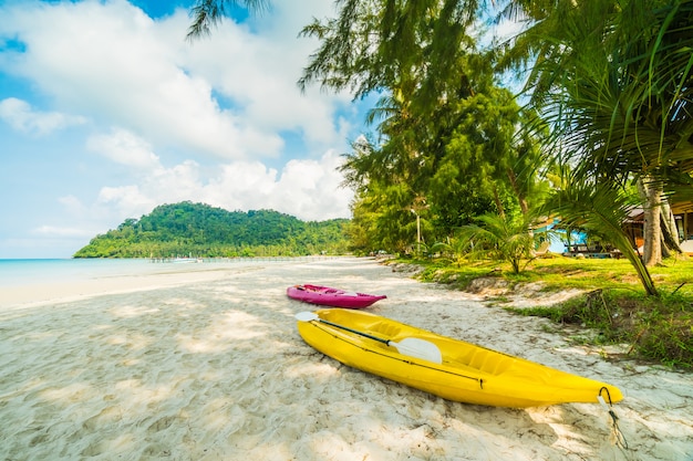 Barca di kayak sulla bella spiaggia tropicale e mare con palme da cocco in paradiso isola