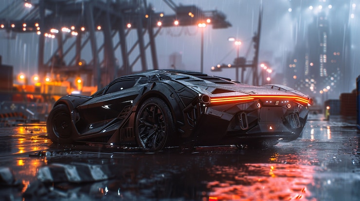 Foto gratuito batmobile concept car con luci al neon