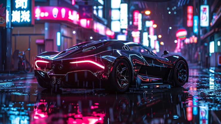 Foto gratuito batmobile concept car con luci al neon