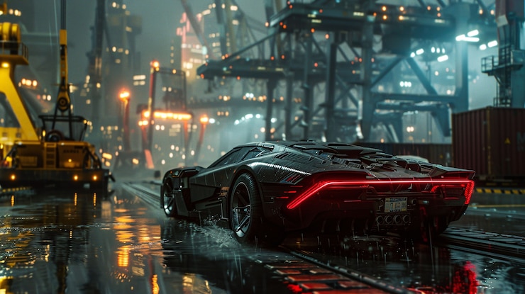 Foto gratuito batmobile concept car con luci al neon