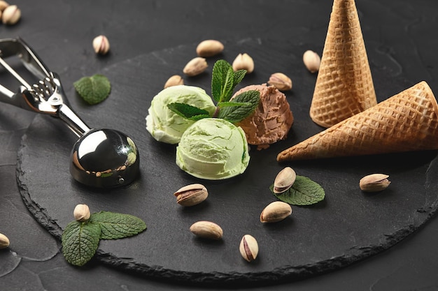 Bel gelato al cioccolato e pistacchio decorato con menta, coni di cialda con pistacchi sparsi si trovano nelle vicinanze, servito con una paletta di metallo su una pietra ardesia su fondo nero. Avvicinamento.
