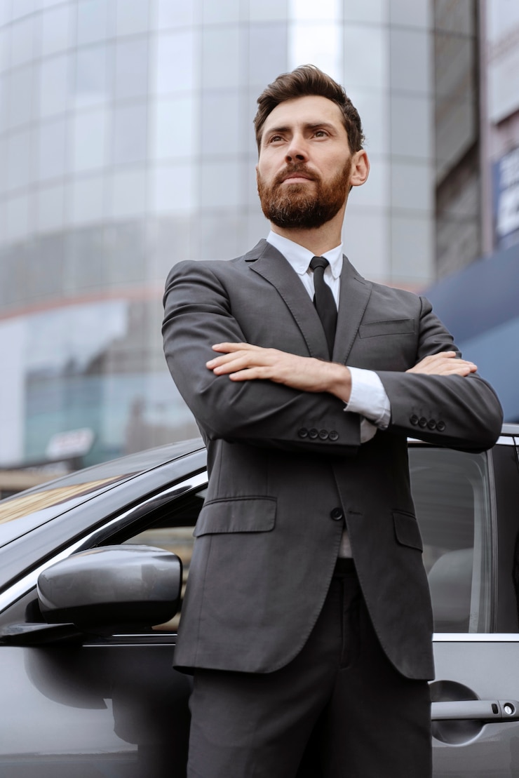 Foto gratuito bel taxi maschio che guida in piedi accanto al suo taxi