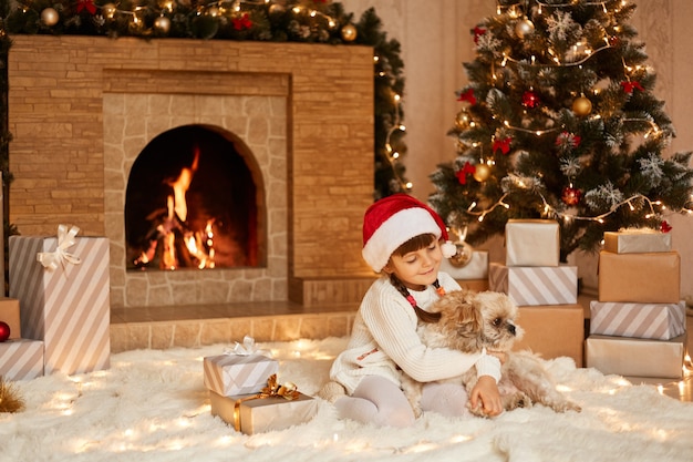 Bella bambina che gioca con il suo cane pechinese, bambina che indossa un maglione bianco e cappello di babbo natale, in posa in una stanza festiva con camino e albero di Natale.