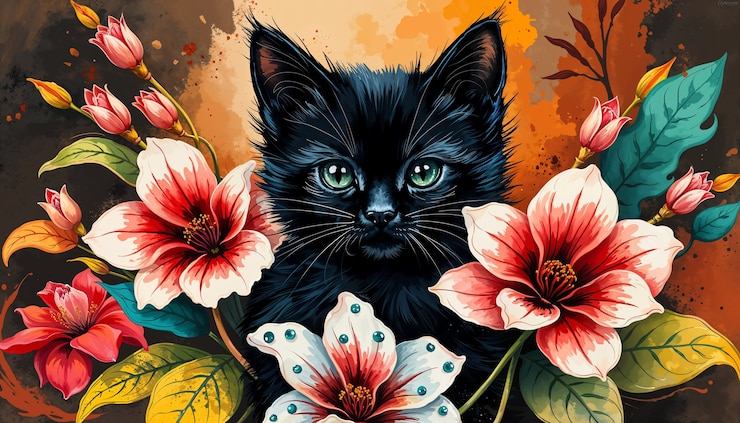 Foto gratuito bella carta da parati per gatti e fiori