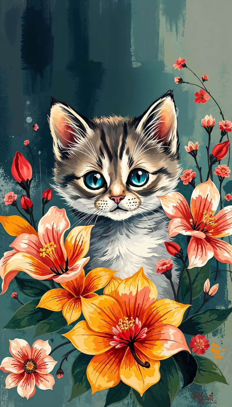 Foto gratuito bella carta da parati per gatti e fiori