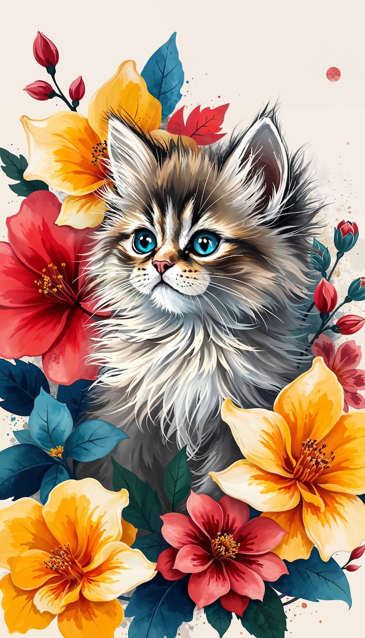 Foto gratuito bella carta da parati per gatti e fiori