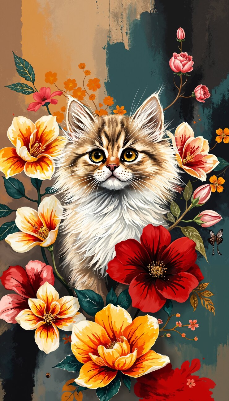 Foto gratuito bella carta da parati per gatti e fiori