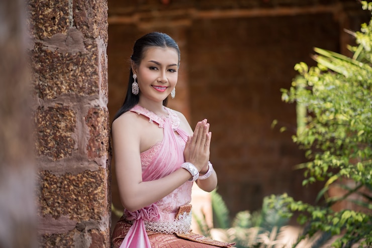 Foto gratuito bella donna che indossa il tipico abito tailandese