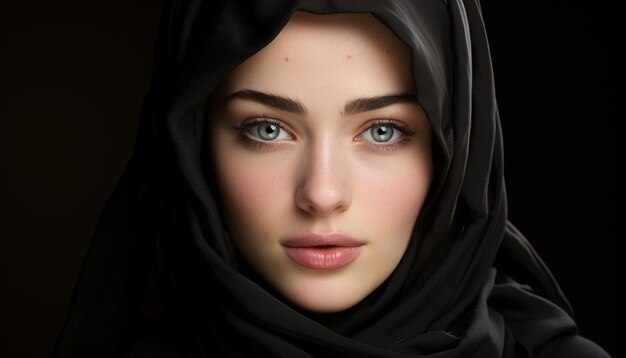 Bella donna in hijab che guarda l'obbiettivo con eleganza e sensualità generate dall'intelligenza artificiale