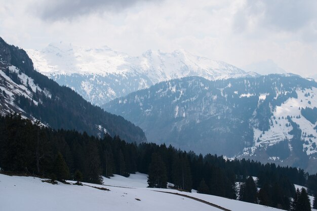 Bella gamma di alte montagne rocciose ricoperte di neve sotto un cielo nuvoloso