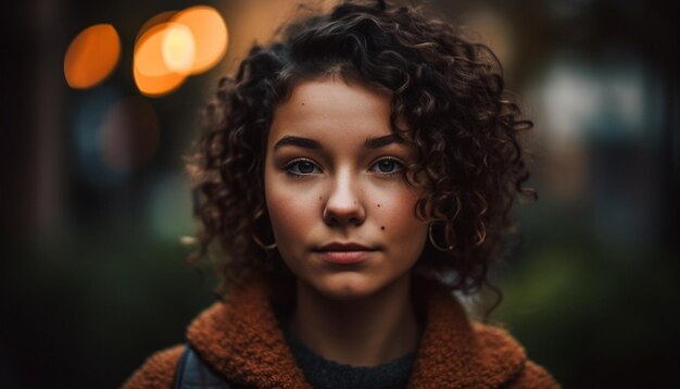 Bella giovane donna con i capelli castani ricci sorridenti generati dall'intelligenza artificiale