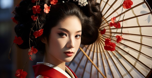 Bella giovane donna in abiti tradizionali giapponesi di geisha generati dall'IA