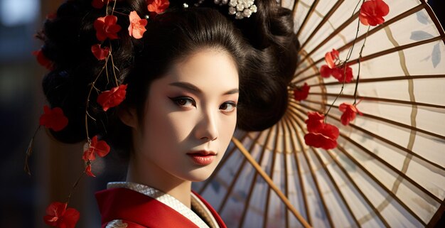 Bella giovane donna in abiti tradizionali giapponesi di geisha generati dall'IA