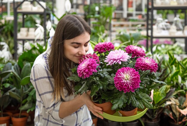 Bella giovane donna in un negozio di fiori e la scelta dei fiori.