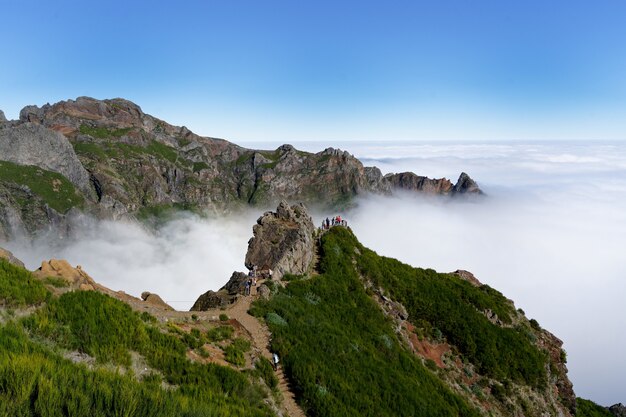 Bella panoramica delle montagne verdi e delle nuvole nebbiose bianche