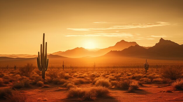 Bella pianta di cactus con paesaggio desertico e tramonto