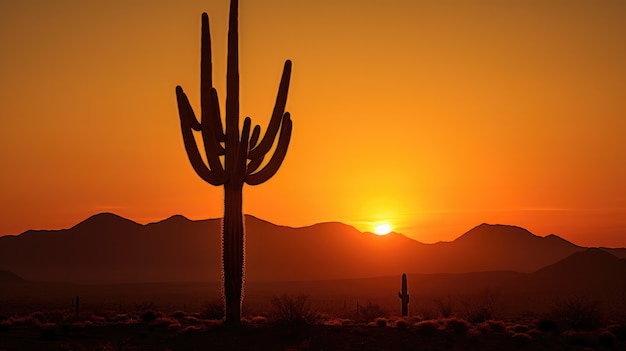 Bella pianta di cactus con paesaggio desertico e tramonto