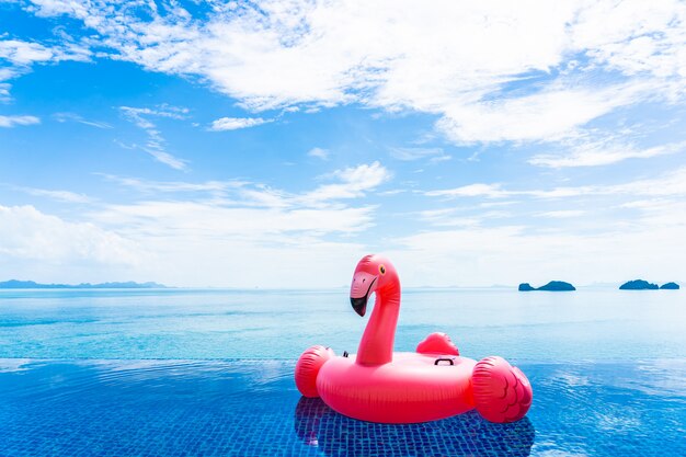 Bella piscina all'aperto nel ricorso dell'hotel con il galleggiante del fenicottero intorno alla nuvola bianca dell'oceano del mare su cielo blu