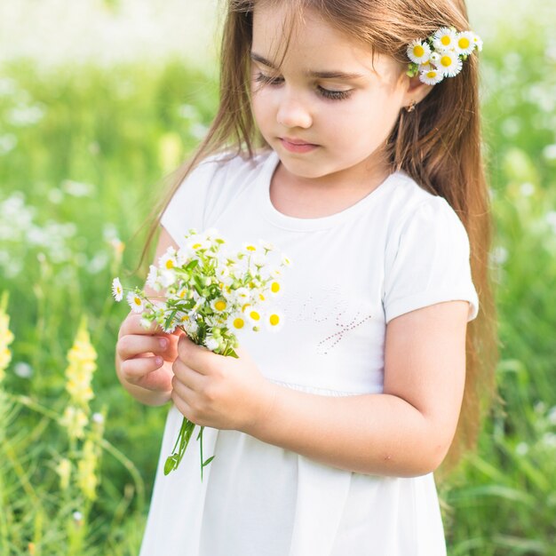 Bella ragazza che tiene i fiori bianchi in prato