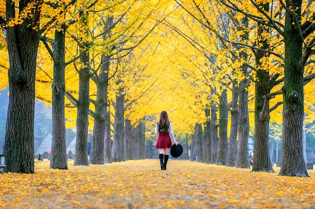 Bella ragazza con foglie gialle a Nami Island, Corea.