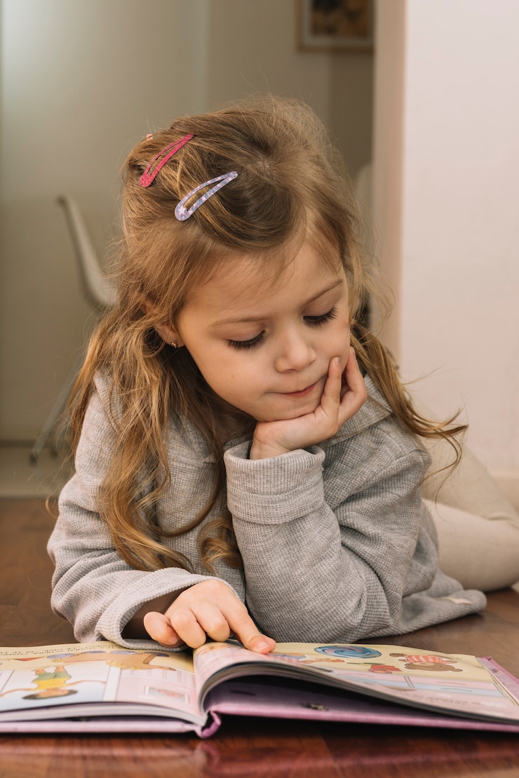 Foto gratuito bella ragazza guardando le immagini nel libro
