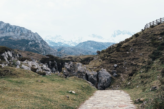 Bella ripresa delle montagne rocciose in una giornata limpida scattata dal marciapiede